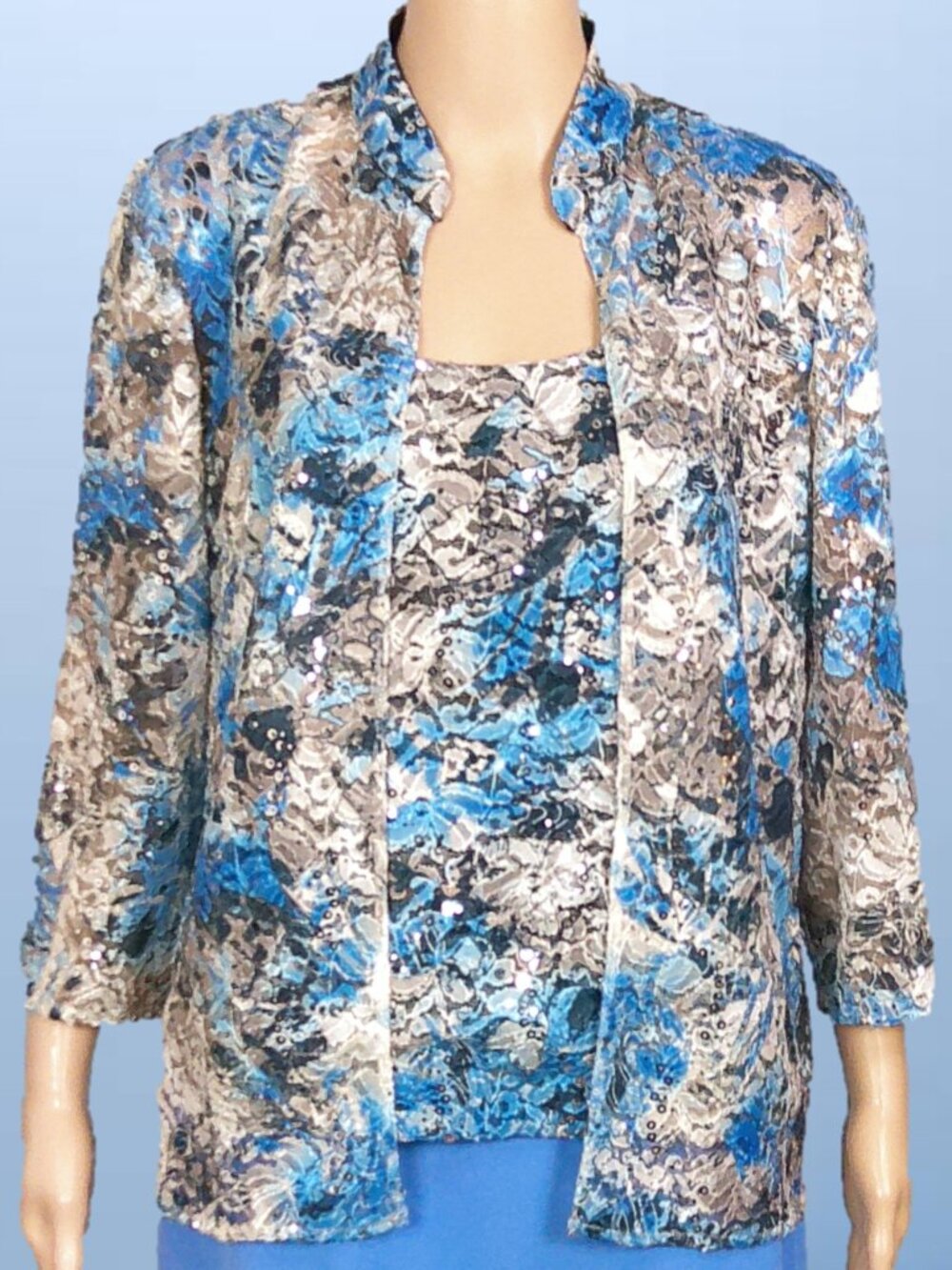ALEX EVENINGS size M blue/silver/black sequined 2-piece set jacket/top